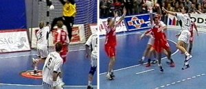 Kempa-Anspiel von Pungartnik (rechts), Tor durch Jacobsen (links).